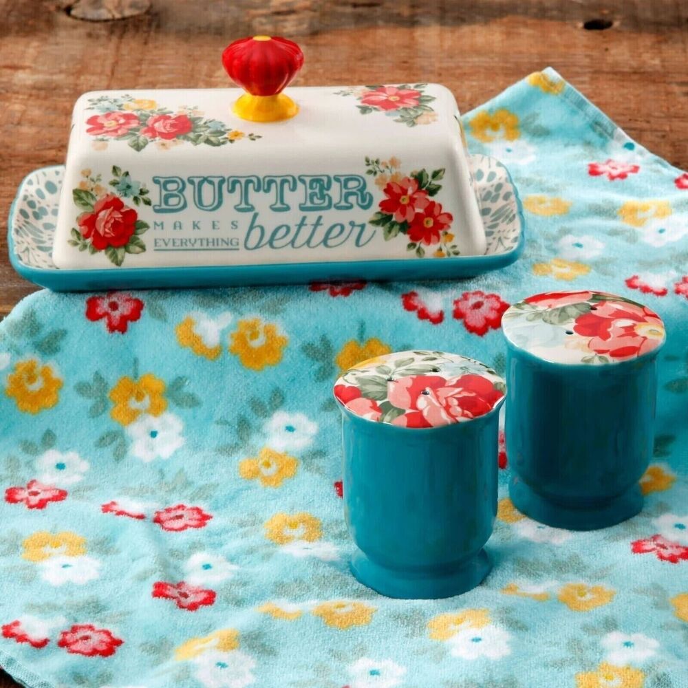 Pioneer Woman Vintage Floral Butter Dish Lid Salt Pepper Shakers Stoneware NEW